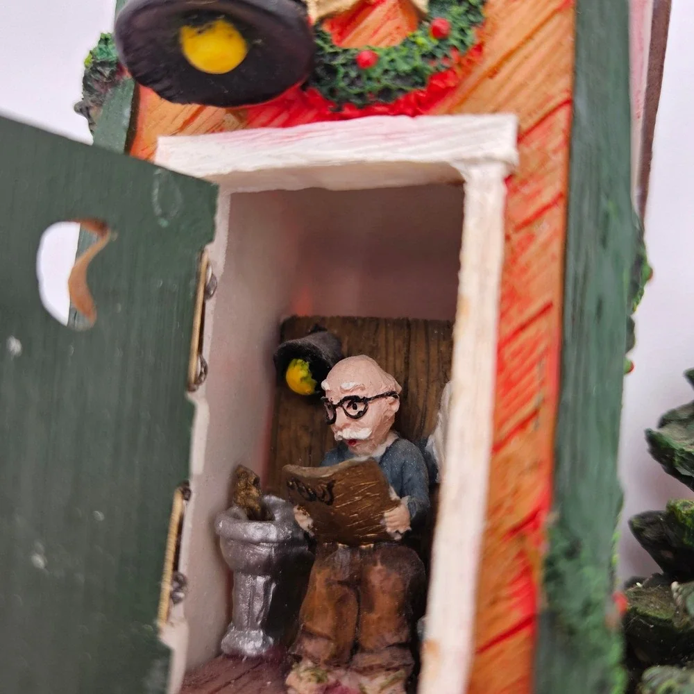 Vintage Christmas Outhouse Scene Miniature‎ Figurine Old Man Reading Newspaper
